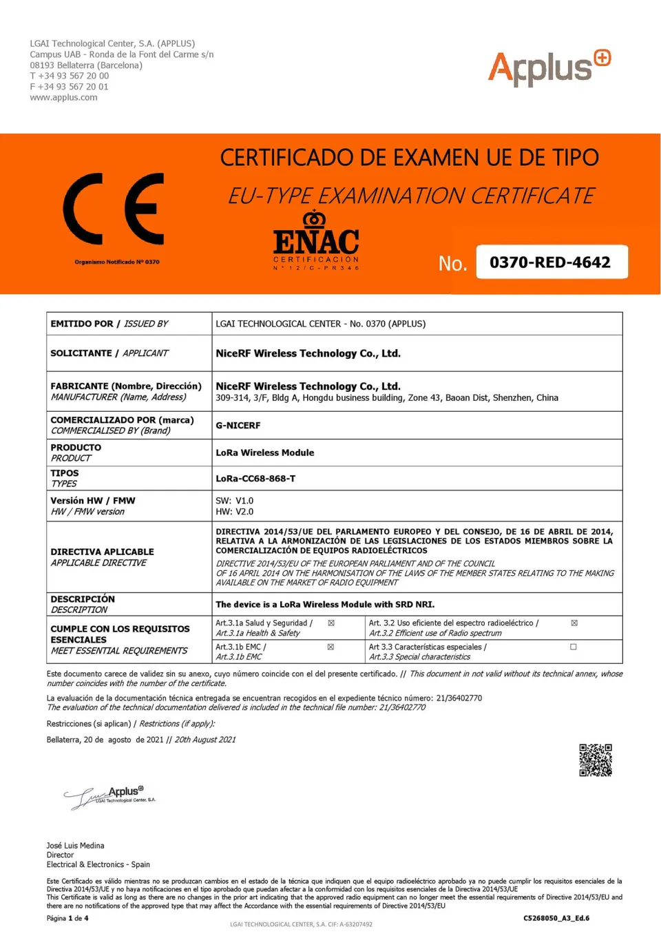 LoRa-CC68-868-TCXO CE认证证书